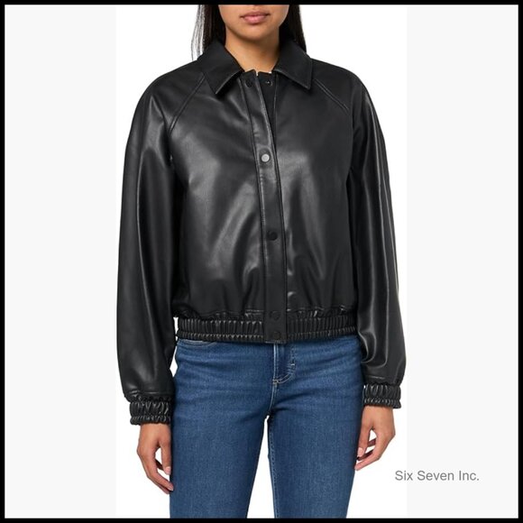 Vegan Leather Bomber Jacket Long Sleeve Zipper Closure